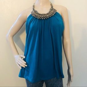 Body Central Turquoise Teal Beaded Halter Top Tank - Size Large